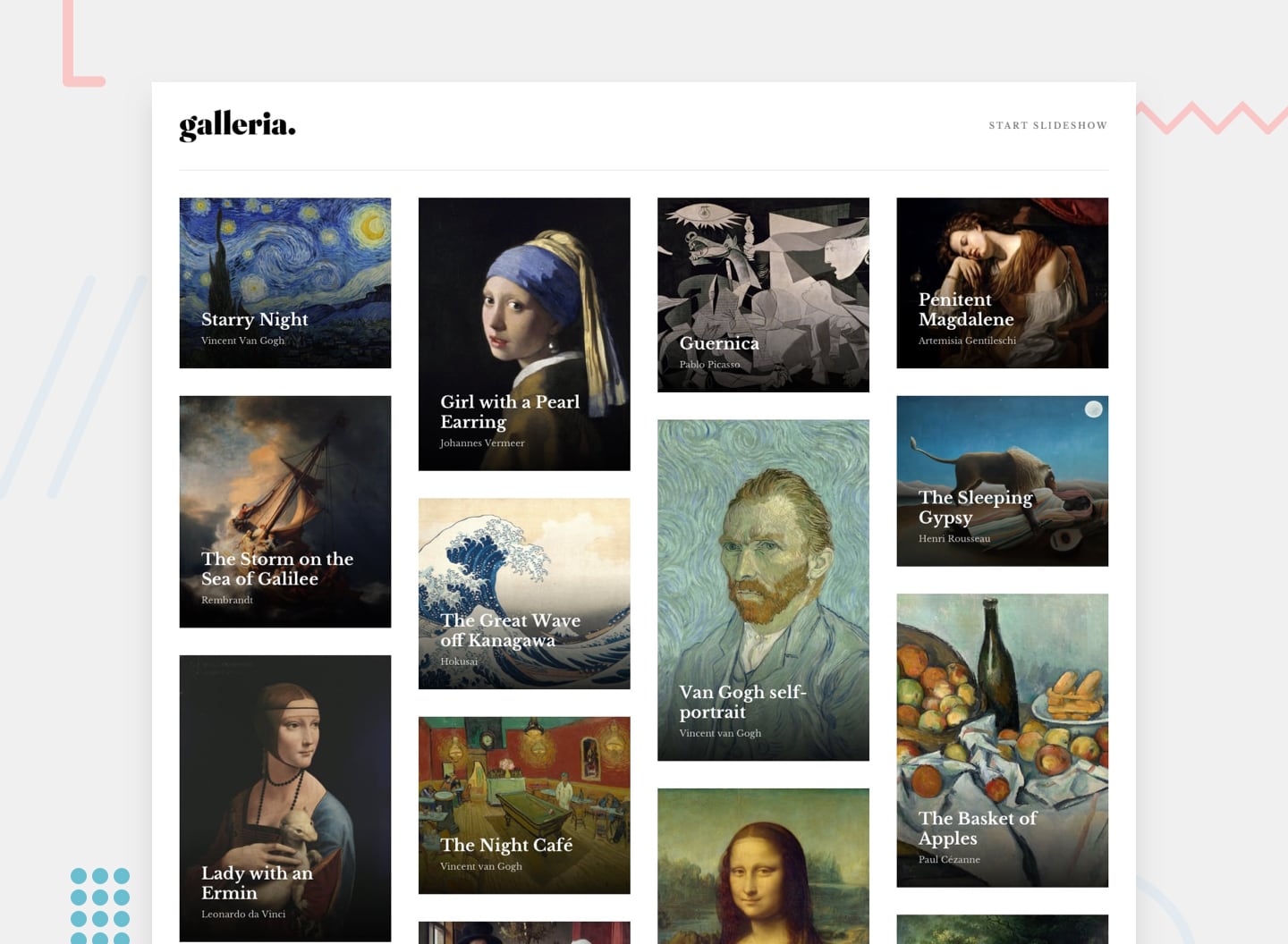 Design preview for the Galleria slideshow site coding challenge