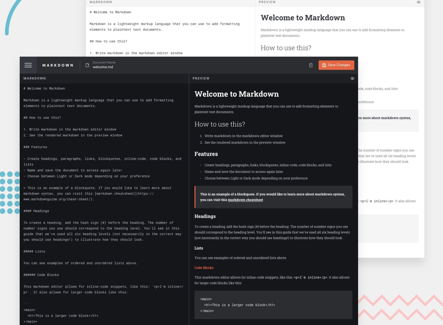 Design preview for the In-browser markdown editor coding challenge